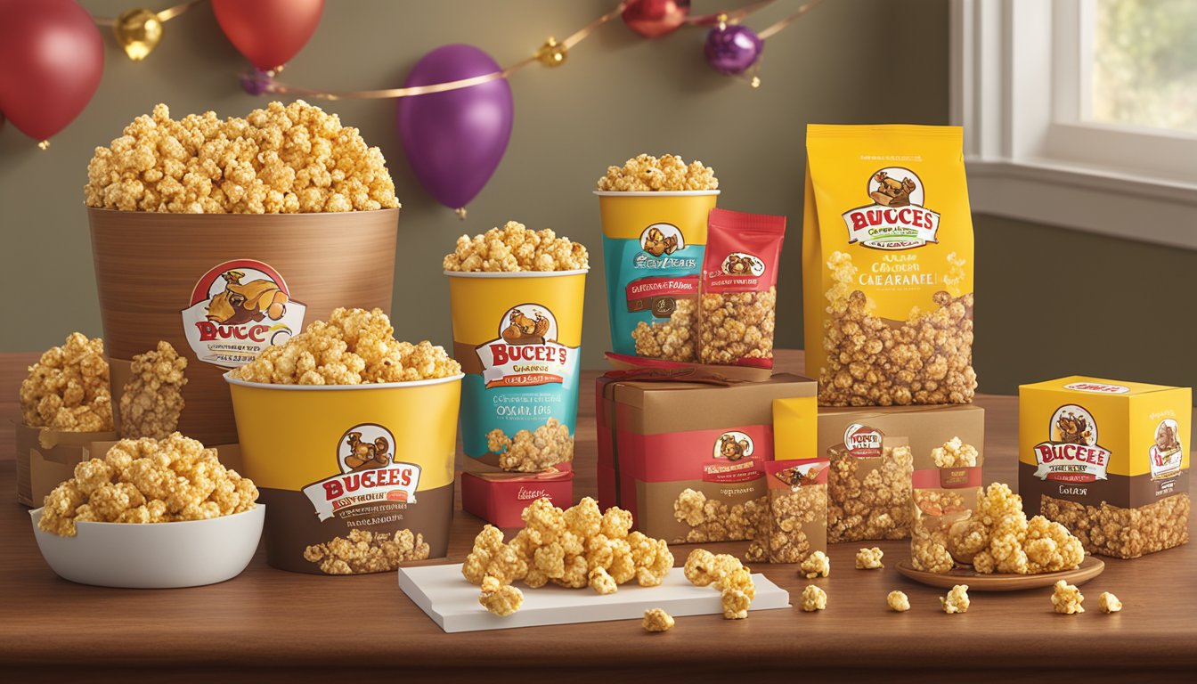 A festive display of Buc-ee's Salted Caramel Popcorn and other gift items arranged on a table with decorative packaging and ribbons