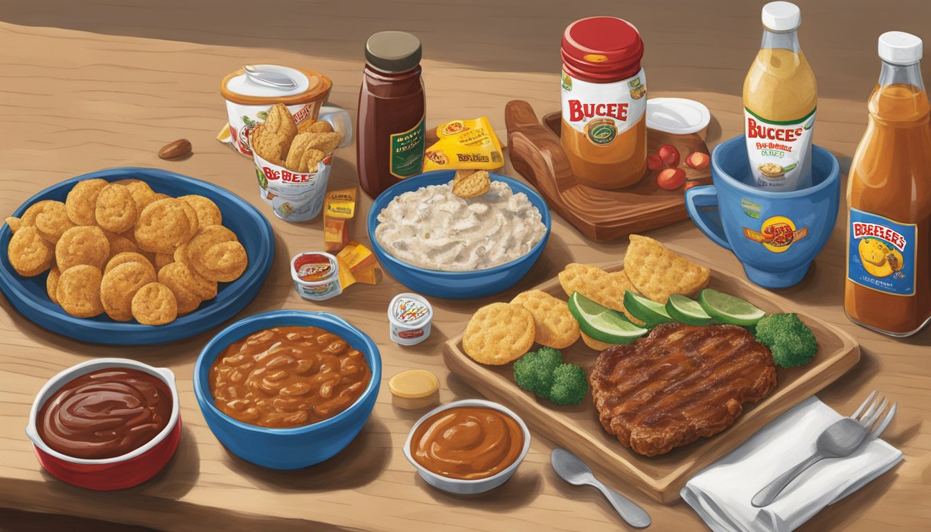 A table set with various Buc-ee's branded items, including BBQ sauce, arranged as hostess gifts