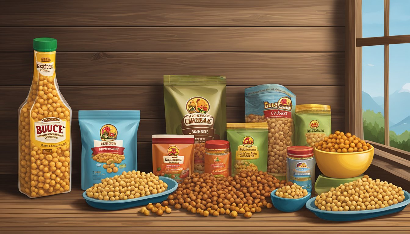 A colorful display of Buc-ee's Spicy Crunchy Chickpeas and other gift items arranged on a rustic wooden table