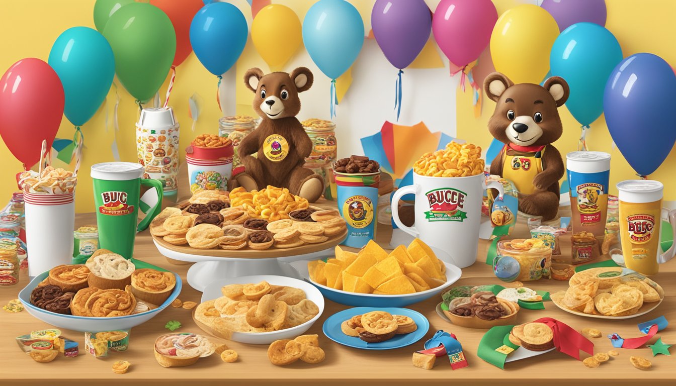 A table with various Buc-ee's items, including mugs, keychains, and snacks, arranged with colorful ribbons and personalized gift tags