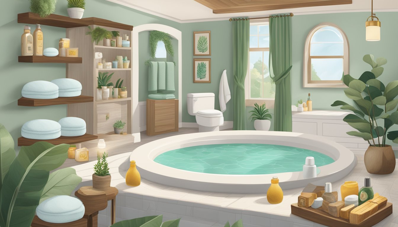 A relaxing spa day at home with a Buc-ee's Eucalyptus Shower Bomb surrounded by other Buc-ee's products, creating a serene and luxurious atmosphere