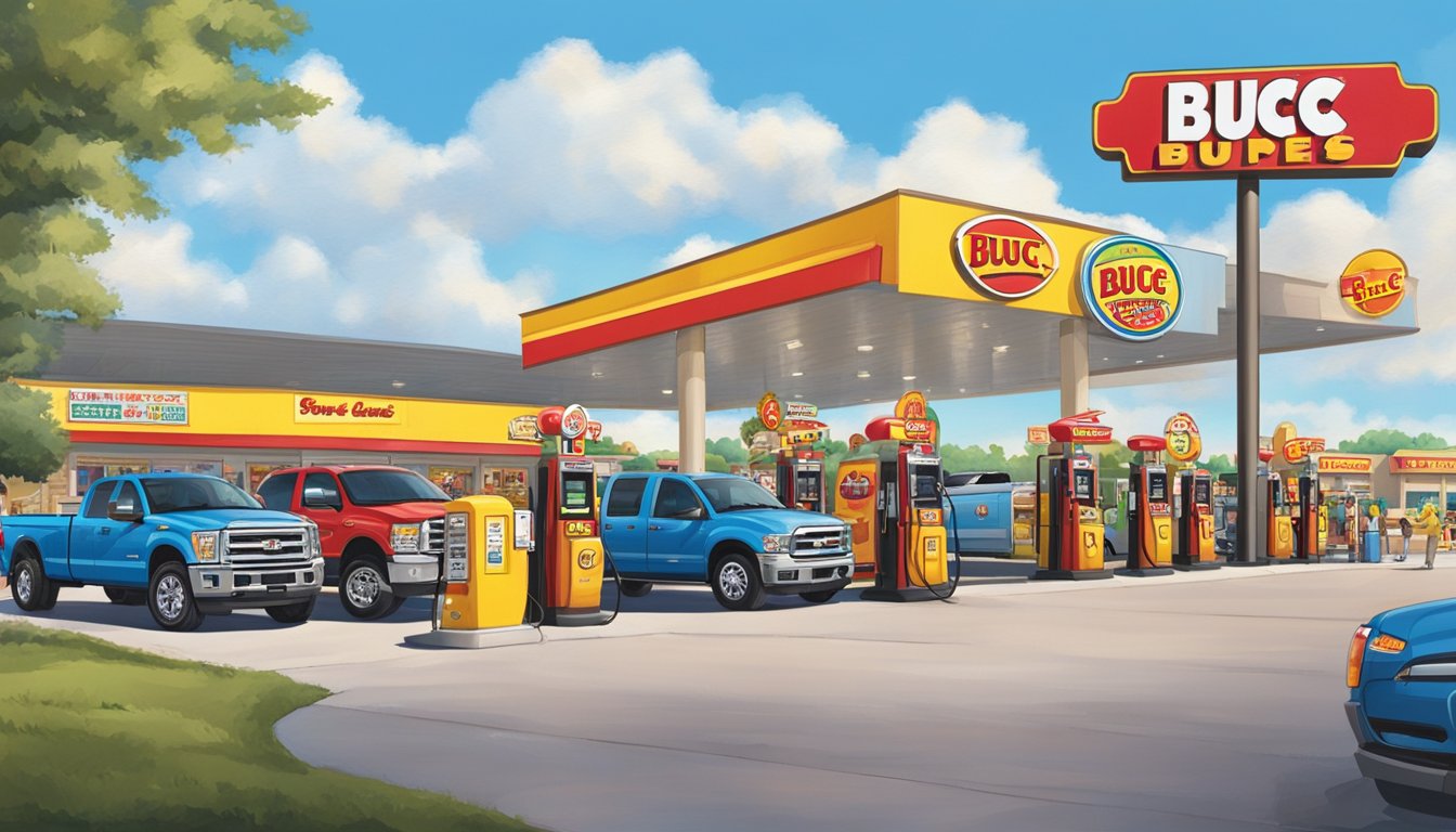 A row of massive fuel pumps at Buc-ee's, surrounded by colorful signage and a bustling atmosphere, with cars and trucks refueling under a bright blue sky