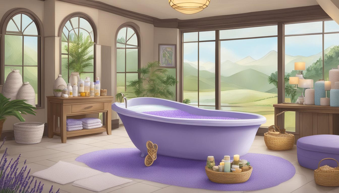 A serene spa setting with a bathtub filled with lavender bath salts, surrounded by other Buc-ee's spa products