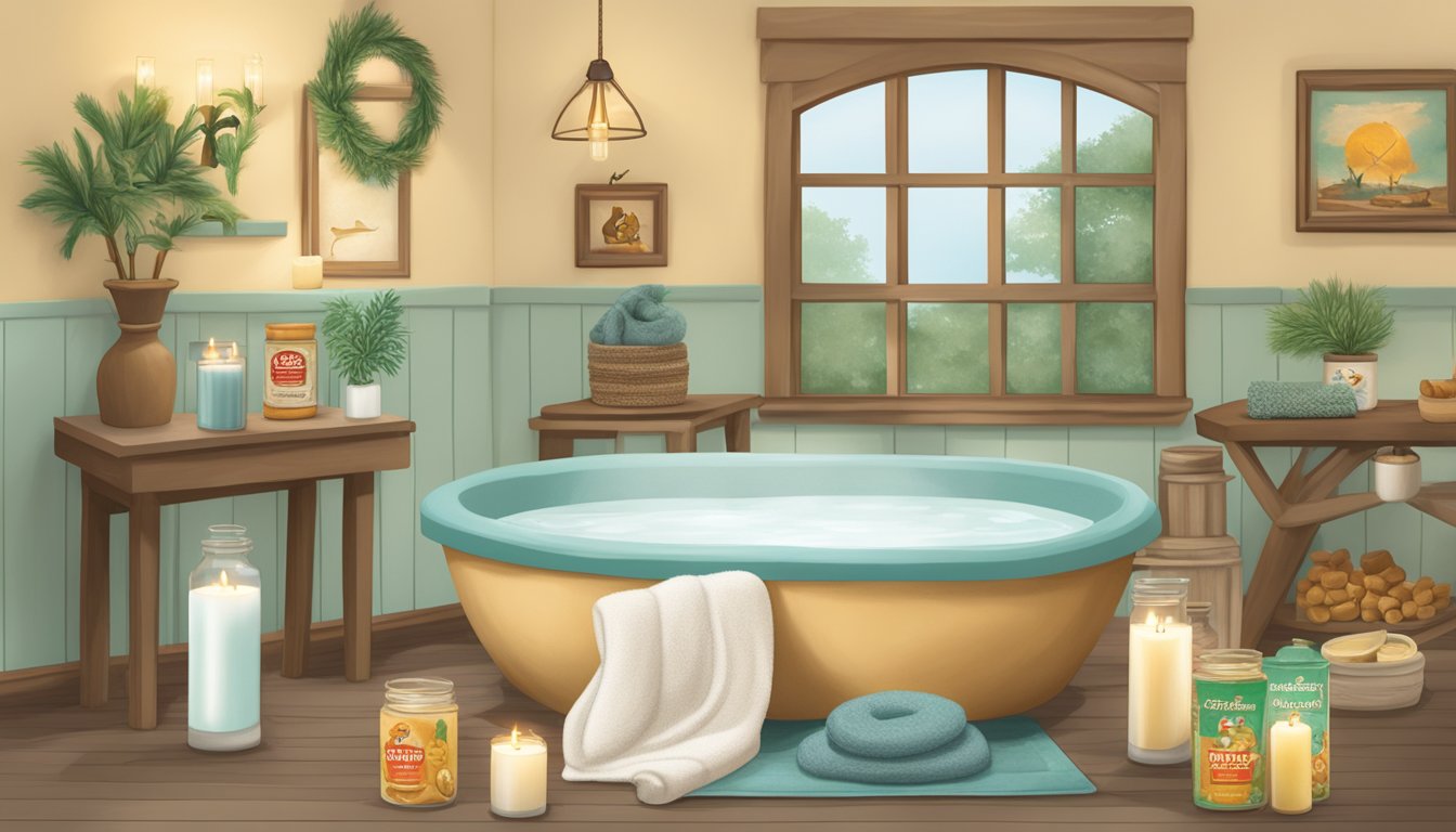 A cozy spa setting with a jar of Buc-ee's Peppermint Foot Cream surrounded by other Buc-ee's products, such as candles, towels, and bath salts, creating a relaxing atmosphere