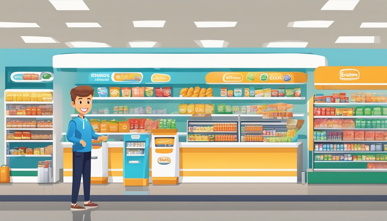 A smiling employee helps a family at a gas station with a clean and spacious interior. Shelves are stocked with snacks and merchandise. Bright, welcoming atmosphere