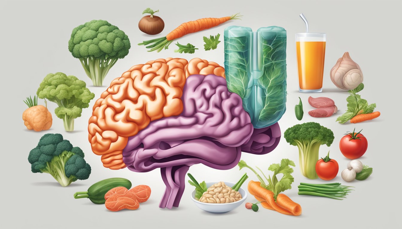 A vibrant illustration of a brain and digestive system connected, with a focus on zinc-rich foods like meat and vegetables