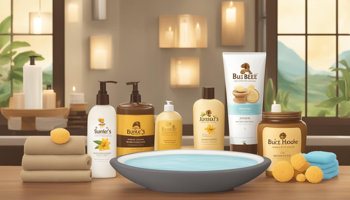 A serene spa setting with Buc-ee's Milk & Honey Body Lotion displayed alongside other spa products, such as candles, towels, and bath salts