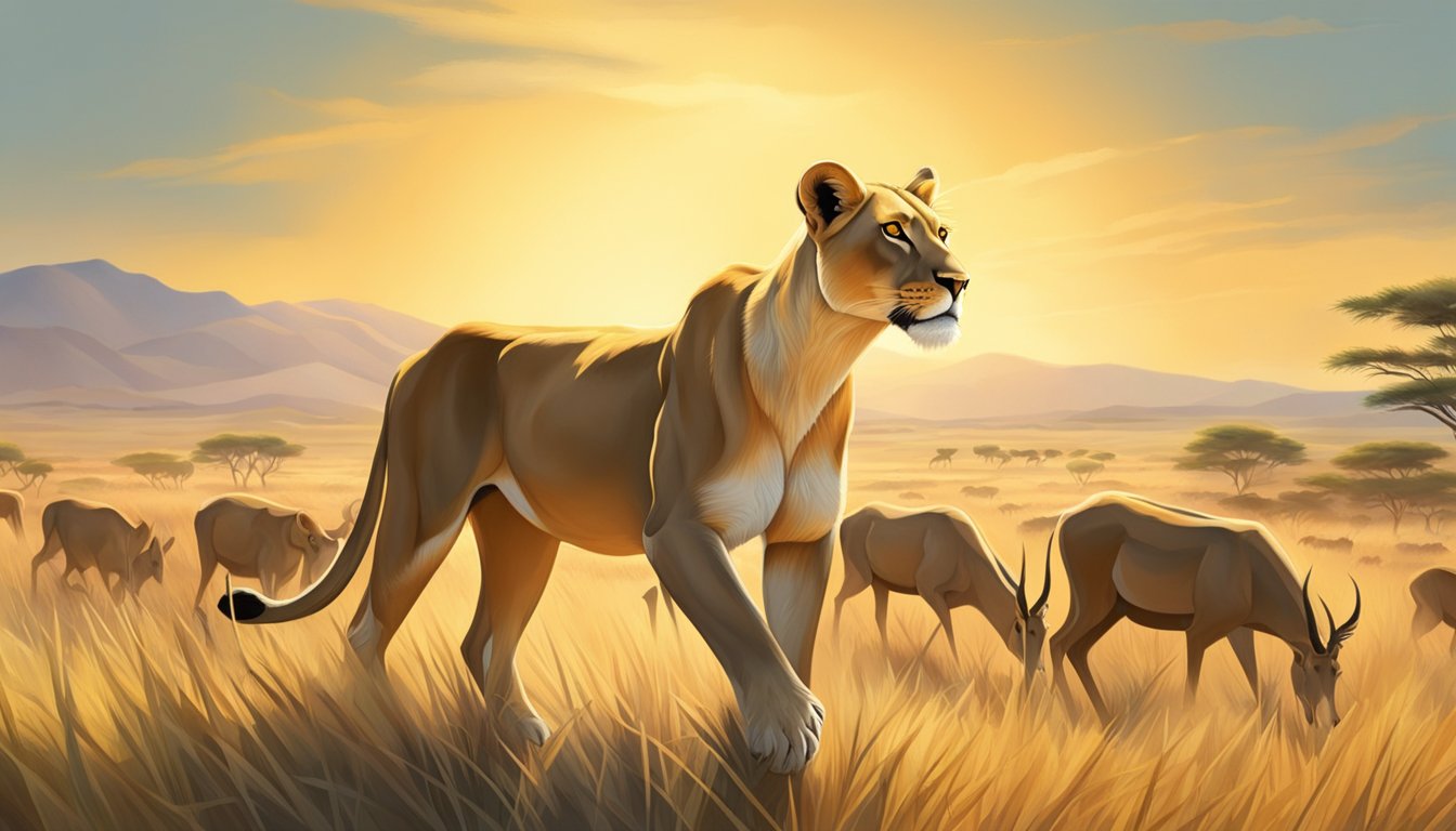 A lioness prowls through a grassy savanna, her sharp eyes fixed on a herd of antelope. The sun casts a warm glow on her sleek, powerful form as she prepares to hunt