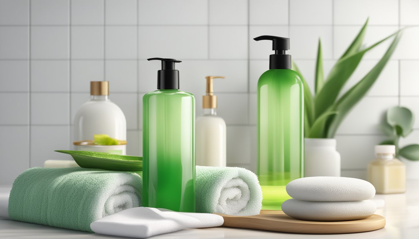 Aloe vera gel bottle surrounded by spa items like towels, candles, and bath salts on a clean, white countertop