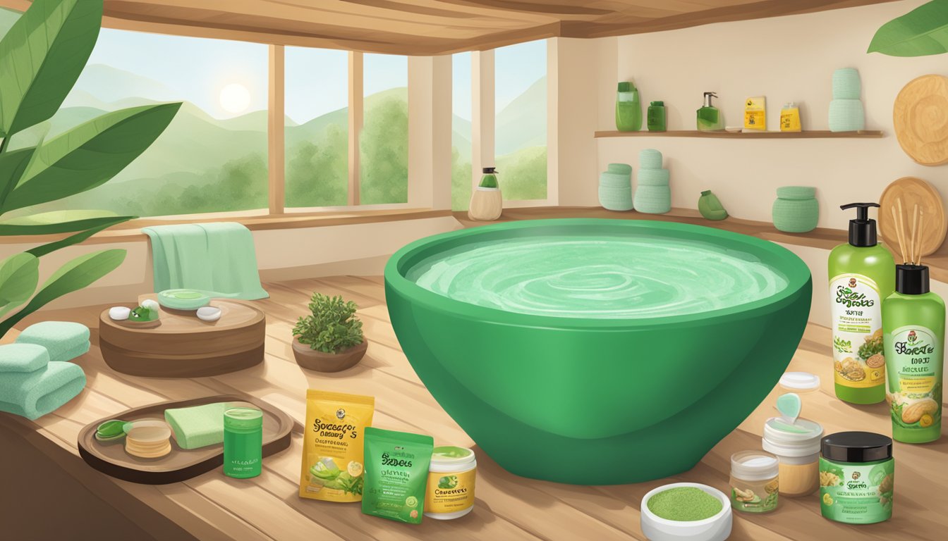 A serene spa setting with a Buc-ee's Green Tea Face Mask surrounded by 8 other Buc-ee's products, creating a relaxing at-home spa experience