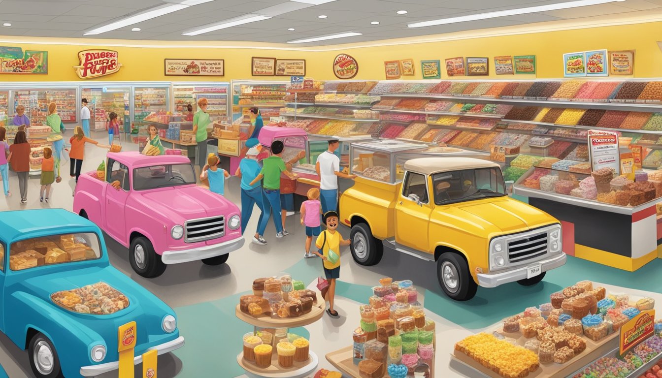 A colorful display of homemade fudge in a bustling Buc-ee's store, surrounded by various road trip essentials and cheerful customers