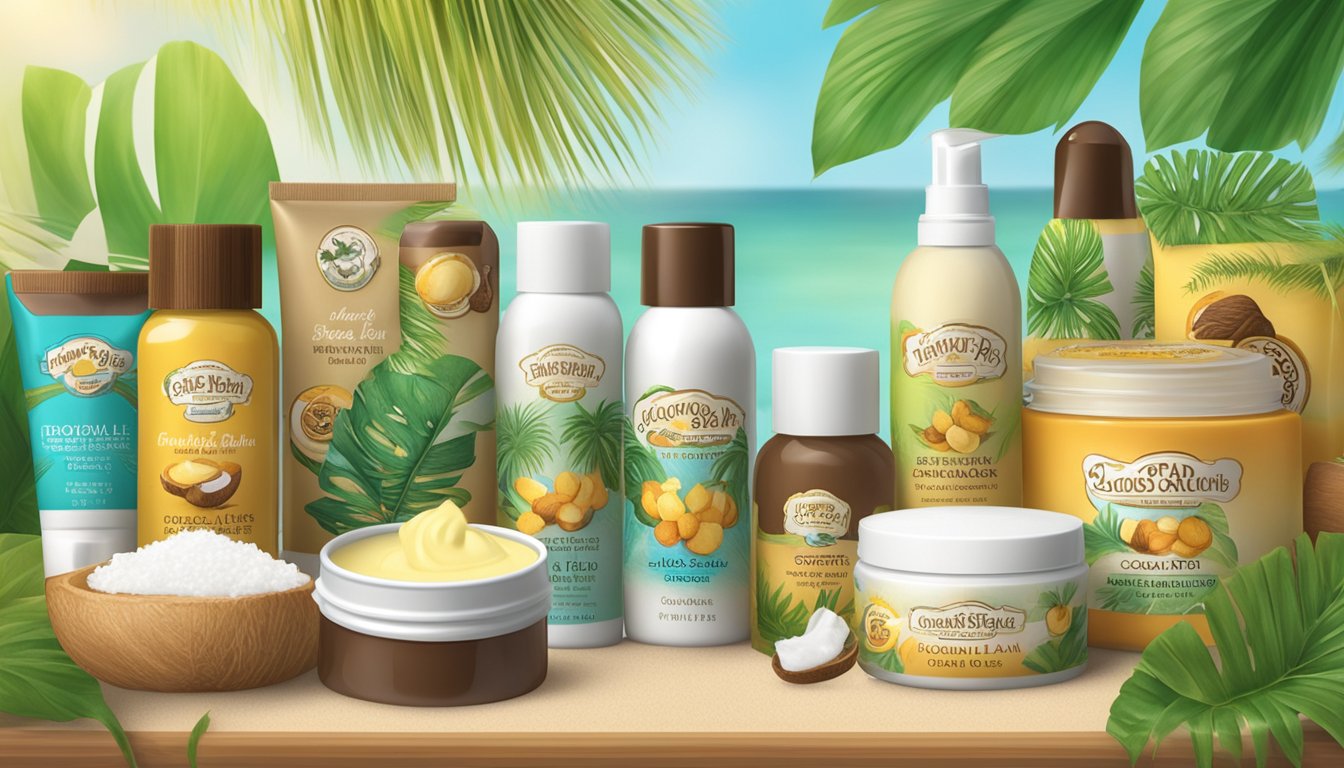 A tropical spa scene with coconut lip balm, surrounded by other Buc-ee's spa products, set against a relaxing background