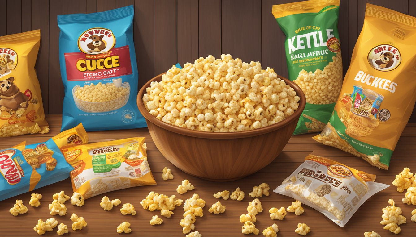 A bowl of sweet and salty kettle corn surrounded by Buc-ee's snack packages, with a cozy setting and warm lighting