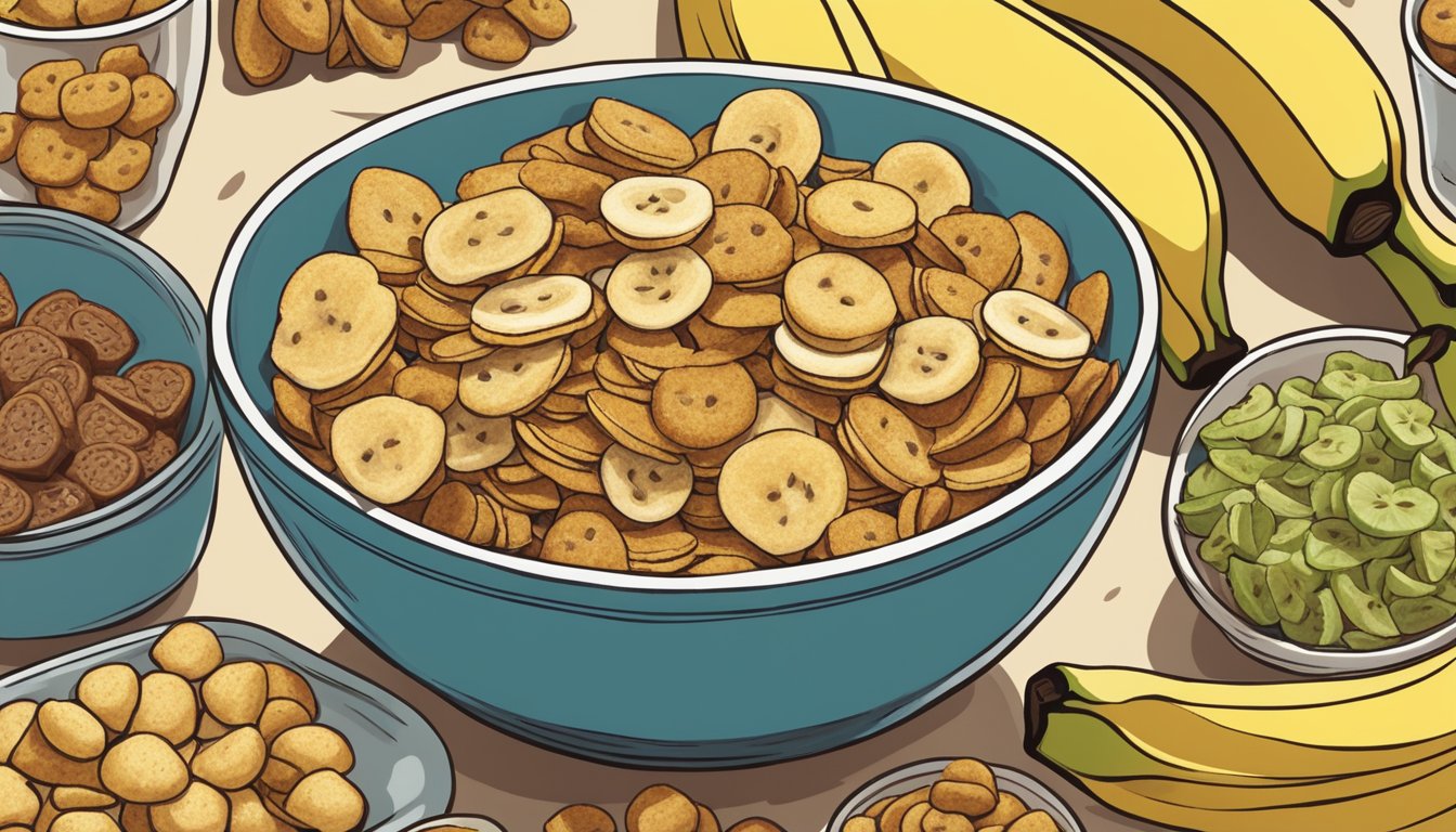 A bowl of banana chips surrounded by various vegan snacks at Buc-ee's