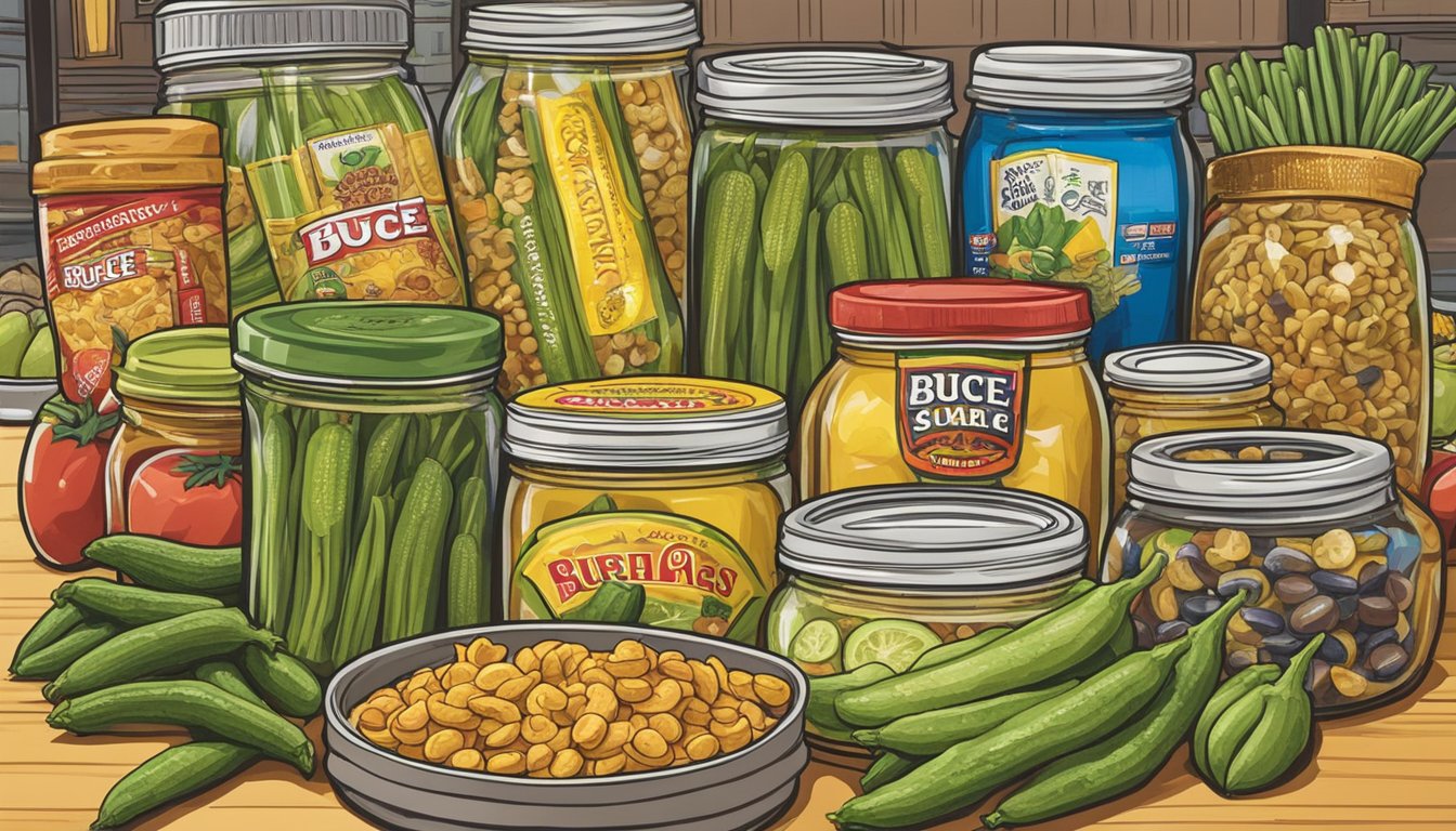 A jar of pickled okra surrounded by a variety of vegan snacks on display at Buc-ee's