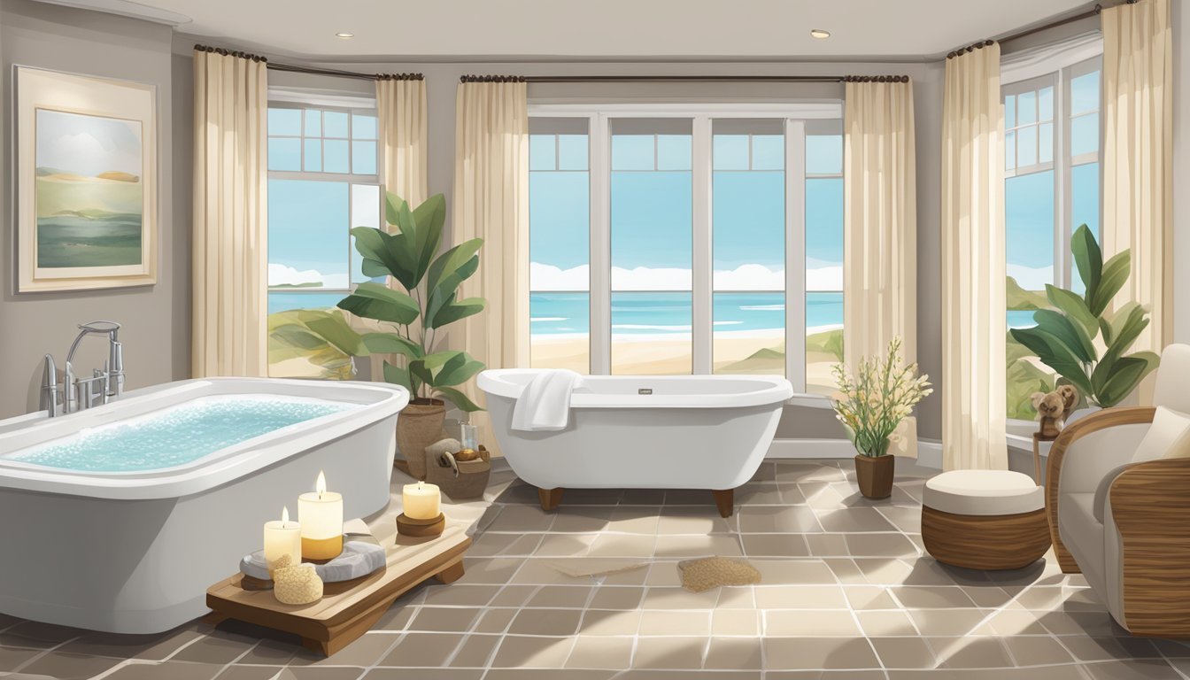 A serene spa setting with Buc-ee's products arranged on a clean, white towel. Candles, bath salts, and luxurious towels create a relaxing atmosphere