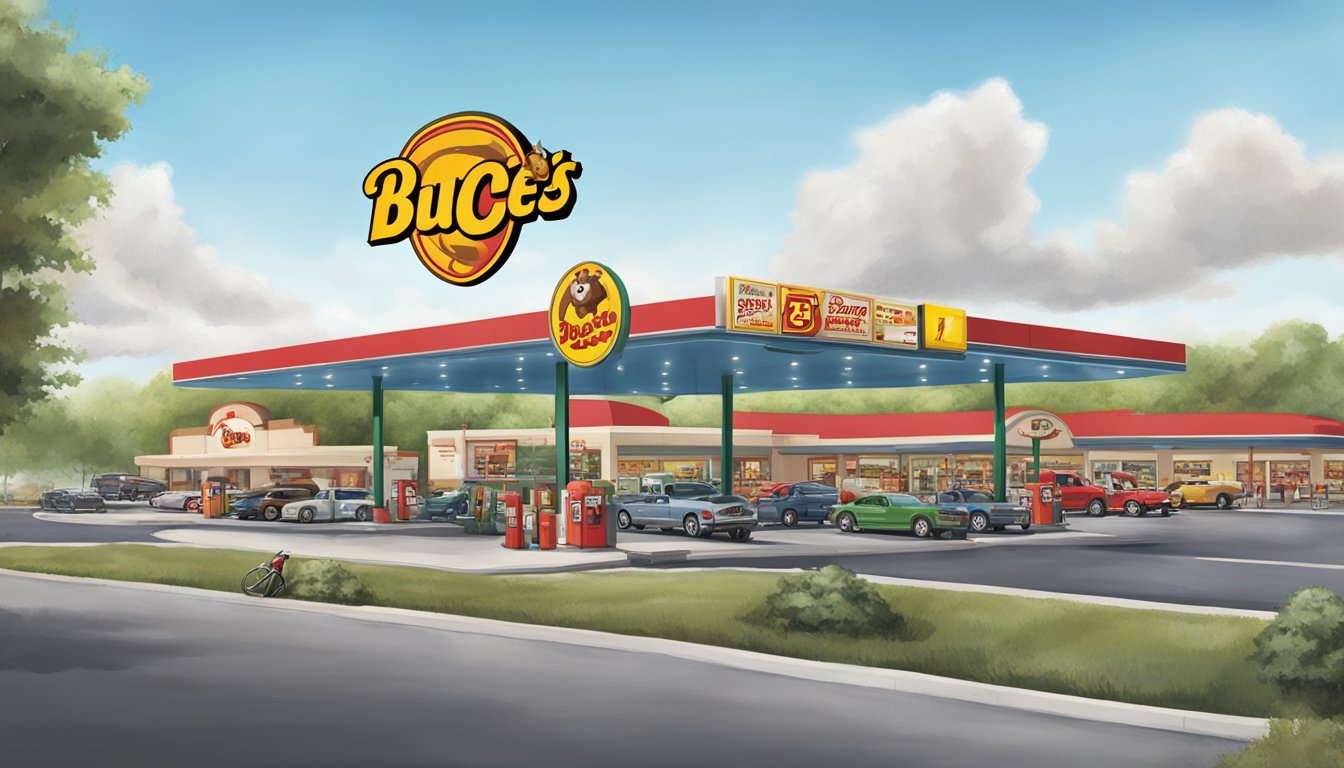 A busy Buc-ee's gas station with a large beaver logo on the sign, surrounded by fuel pumps, snacks, and a bustling parking lot