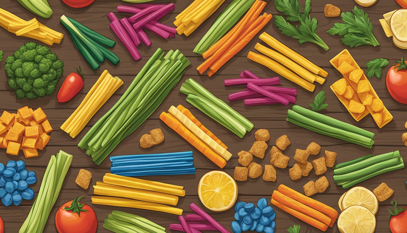 A colorful assortment of Veggie Straws and other vegan snacks arranged on a rustic wooden table at Buc-ee's convenience store