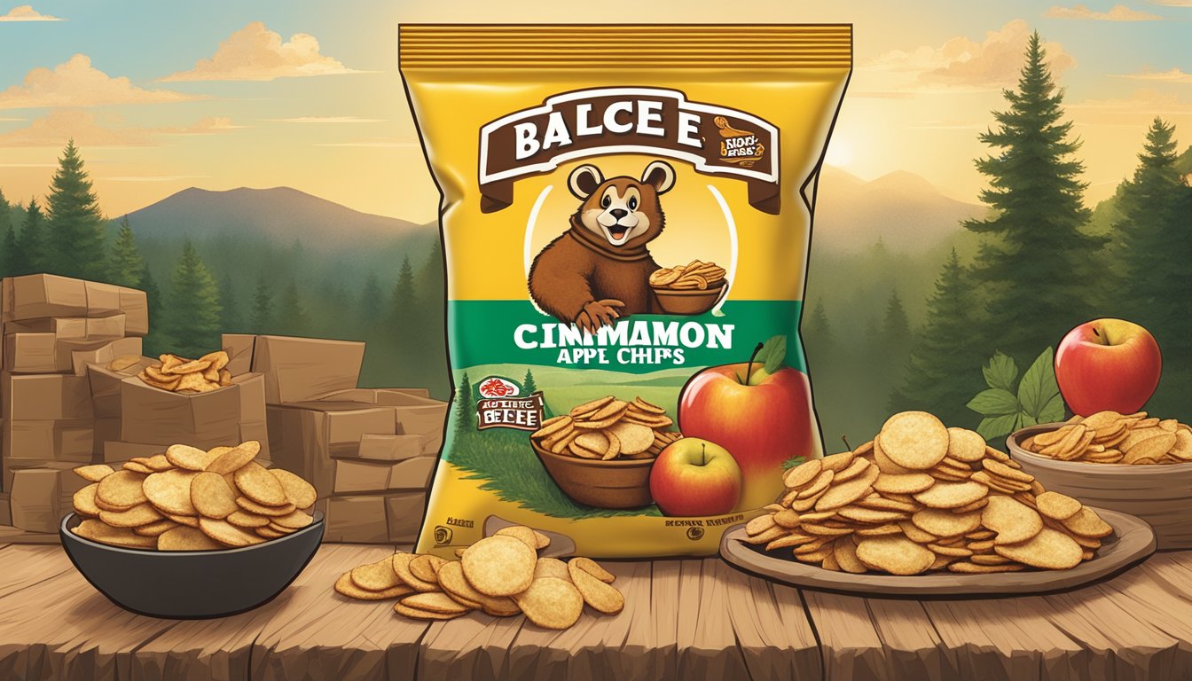 A bowl of cinnamon apple chips surrounded by various Buc-ee's snack packaging, with a rustic, outdoorsy backdrop