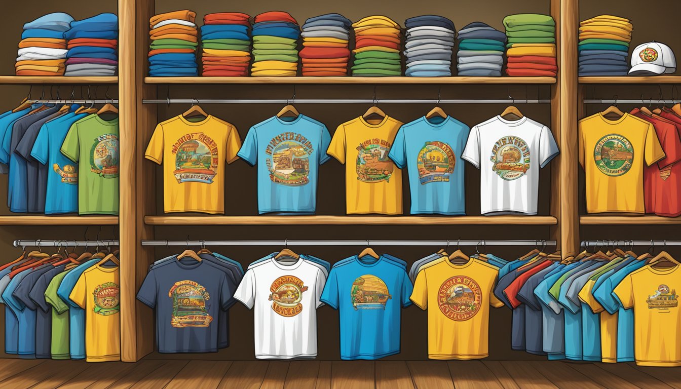 A vibrant display of customizable t-shirts featuring 16 iconic reasons why Buc-ee's is a road tripper's paradise, with various designs and colors on a neatly organized rack