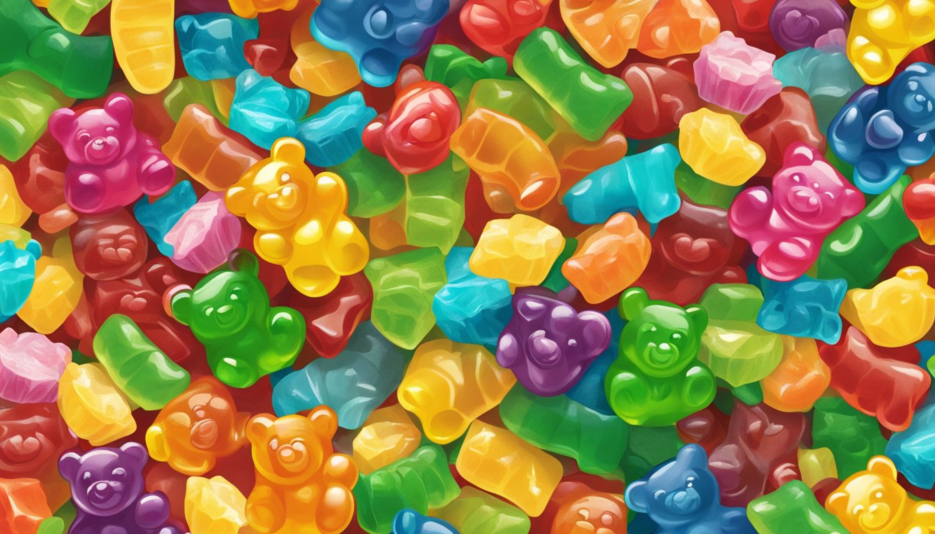 A colorful assortment of gummy bears spills out of a Buc-ee's snack bag, surrounded by other vegan-friendly snacks