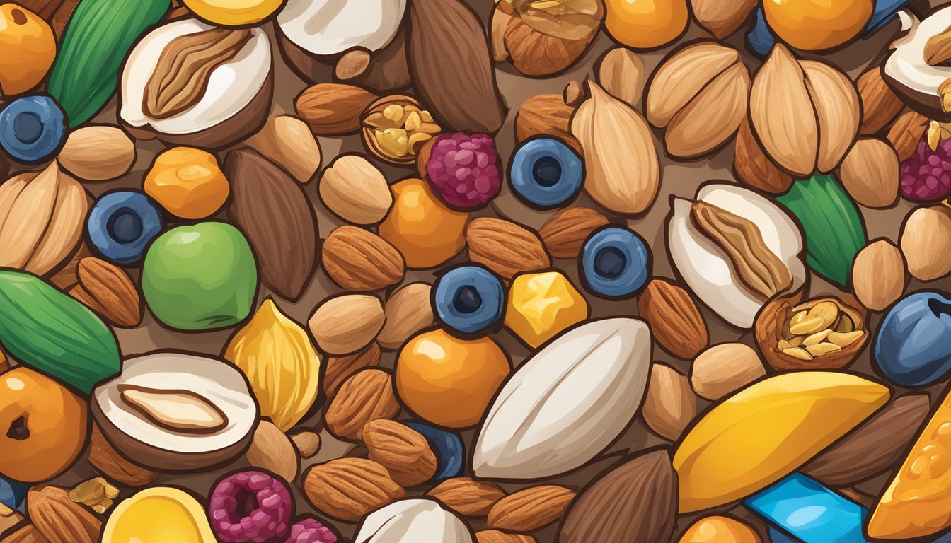 A colorful assortment of nuts and dried fruits spill out of a bag, surrounded by Buc-ee's snack packaging