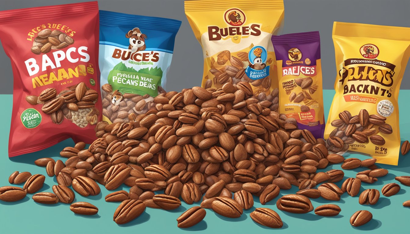 A pile of maple pecans spills out of a Buc-ee's snack bag, surrounded by other vegan snacks