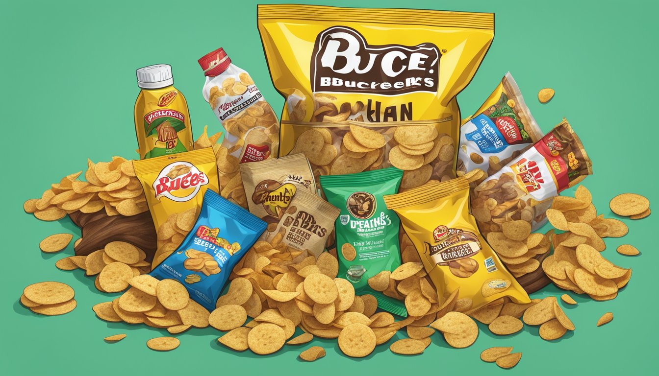 A pile of plantain chips spilling out of a Buc-ee's snack bag, surrounded by other vegan snacks