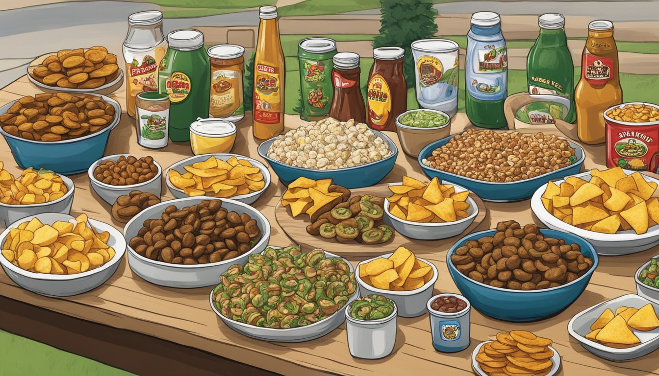 A table spread with a variety of Buc-ee's items, including candied jalapeños, chips, and other snacks, set up for a tailgate party