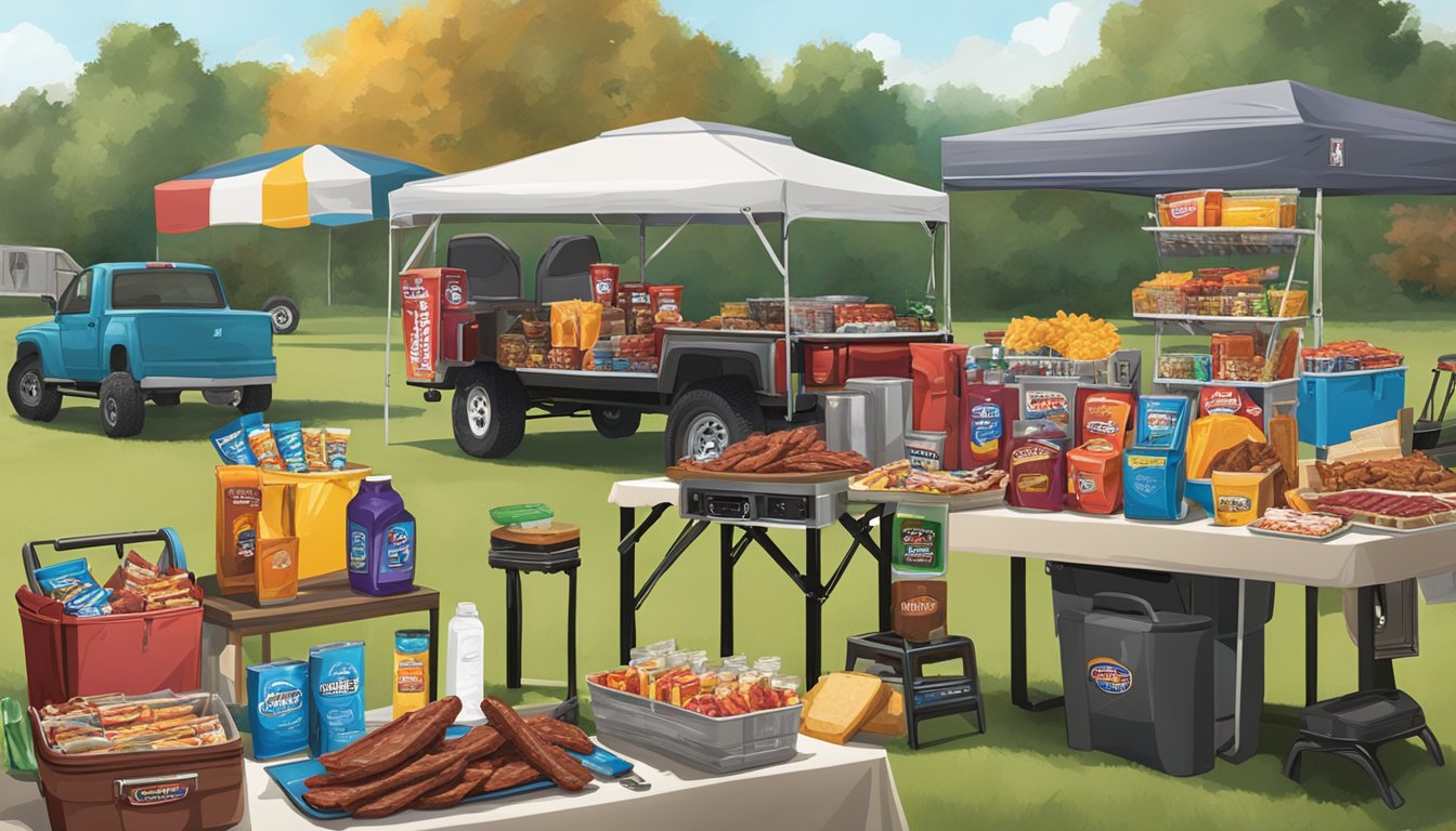 A colorful display of various jerky items arranged on a table, surrounded by tailgate party essentials such as coolers, chairs, and football-themed decorations