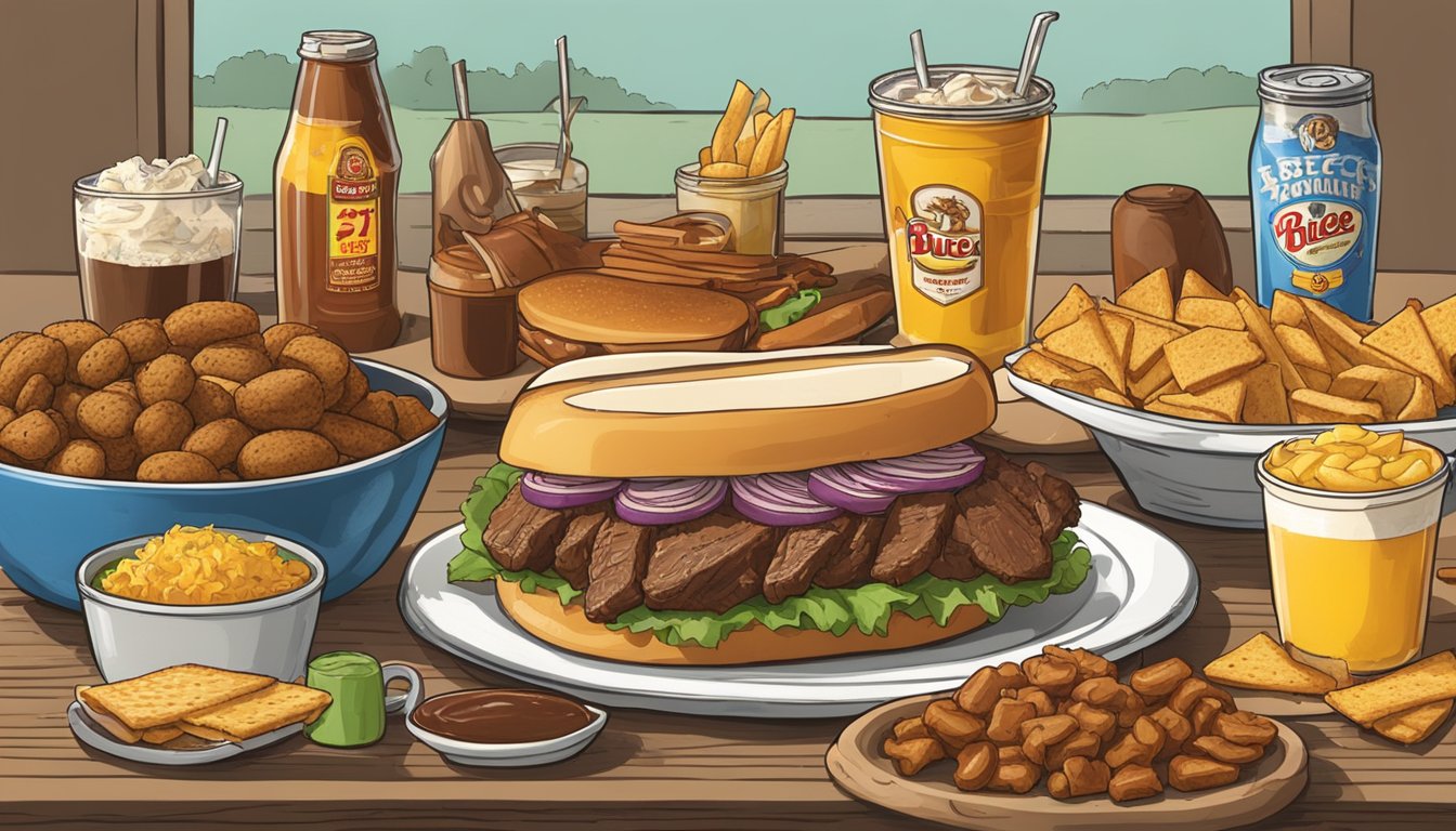 A table spread with Buc-ee's Texas Roundup Beef Brisket Sandwich and 17 other items for a tailgate party