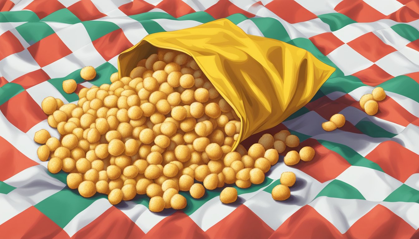 A pile of Buc-ee's Beaver Corn Puffs spilling out of a bright yellow bag onto a checkered picnic blanket