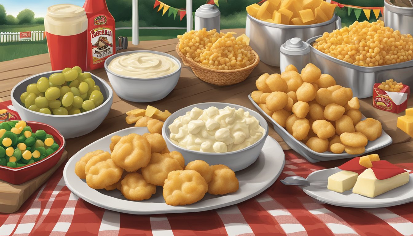 A spread of Buc-ee's White Cheddar Cheese Curds and other tailgate party items arranged on a table