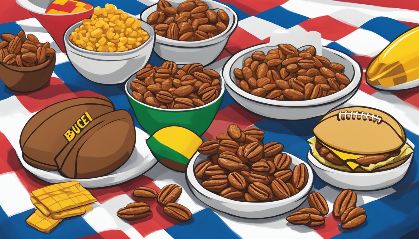 A colorful spread of Buc-ee's Spicy Pecans and other tailgate party items arranged on a checkered tablecloth with a football in the background