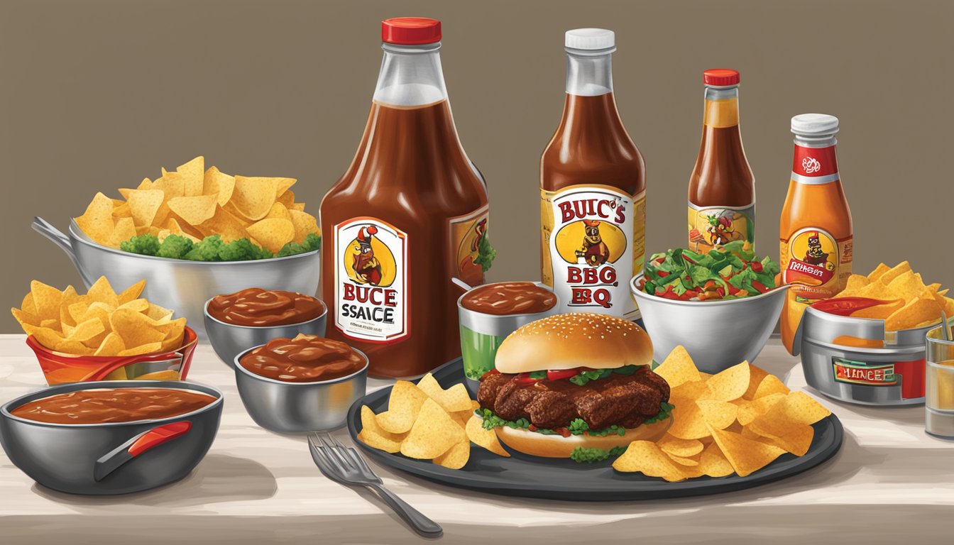 A table set with Buc-ee's Mesquite BBQ Sauce, along with other tailgate party items such as chips, drinks, and grilling utensils