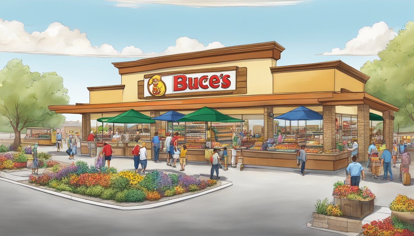 A colorful Buc-ee's store with sausage on a stick and BBQ options in Ft. Worth, bustling with activity