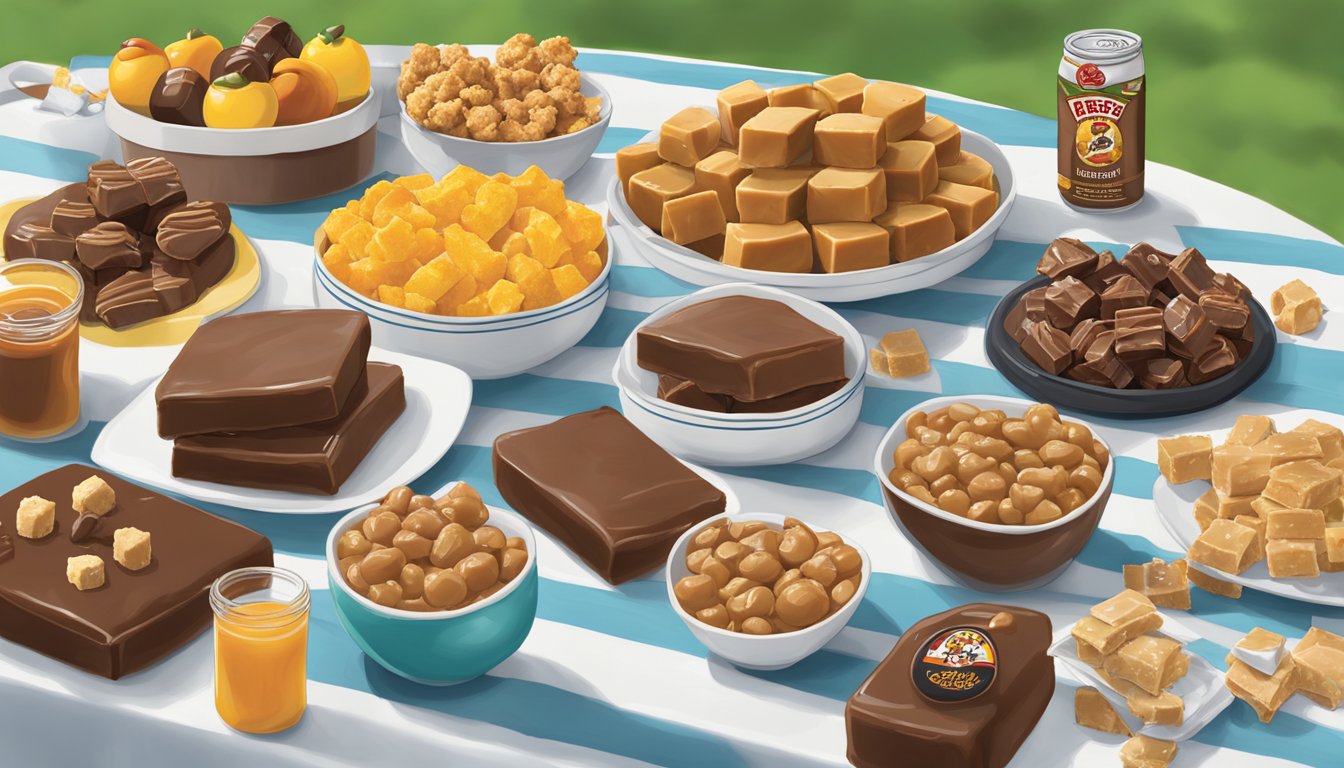 A table spread with Buc-ee's Sea Salt Caramel Fudge and other tailgate party items