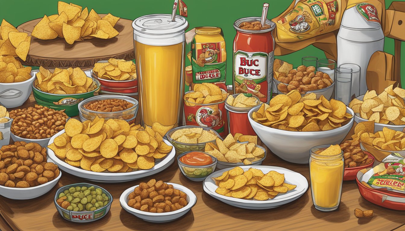 A table filled with Buc-ee's Sweet & Spicy Jalapeño Chips, along with 17 other Buc-ee's items, ready for a tailgate party