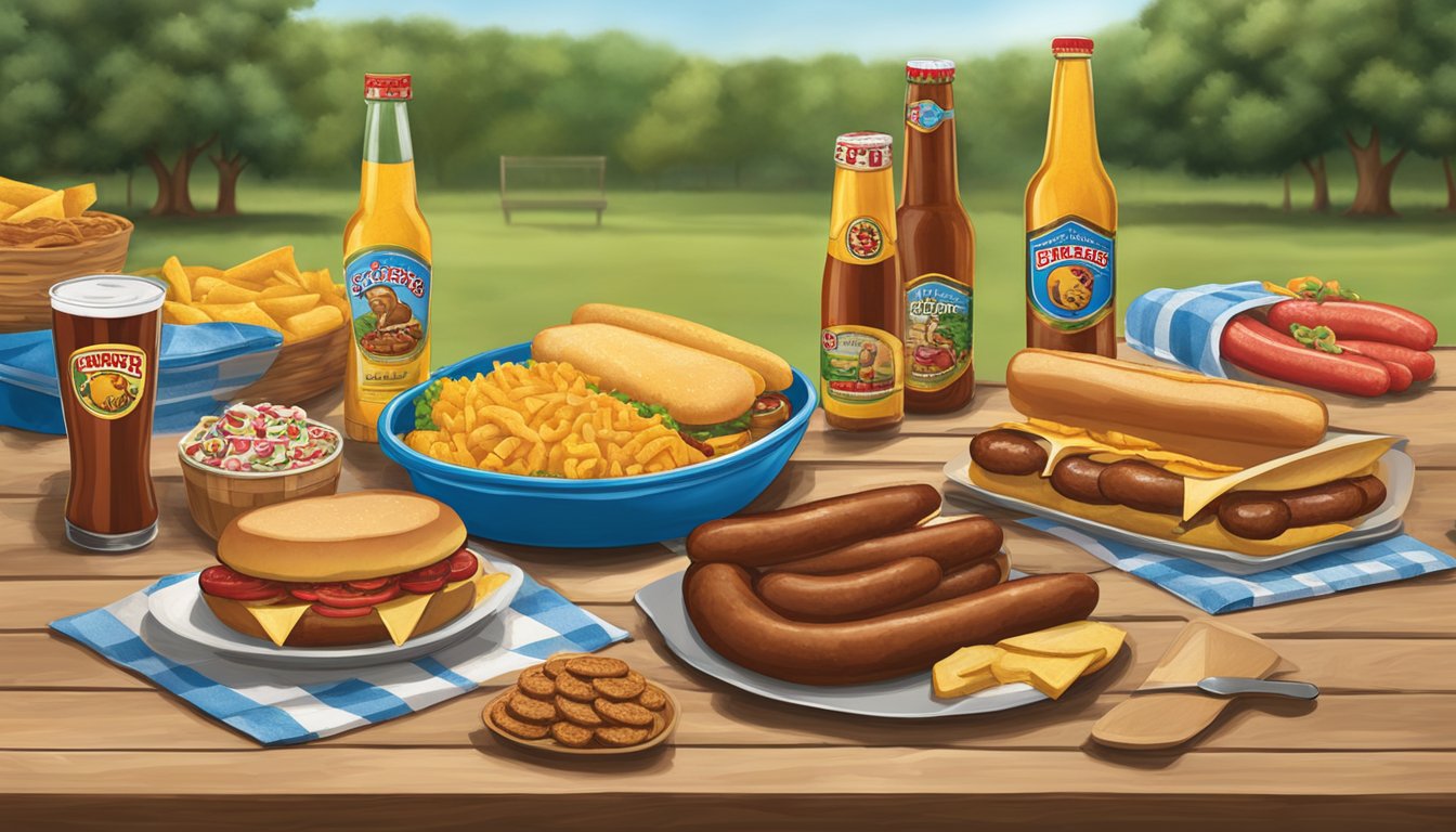 A colorful display of Buc-ee's Hill Country Sausage and other tailgate party items arranged on a picnic table