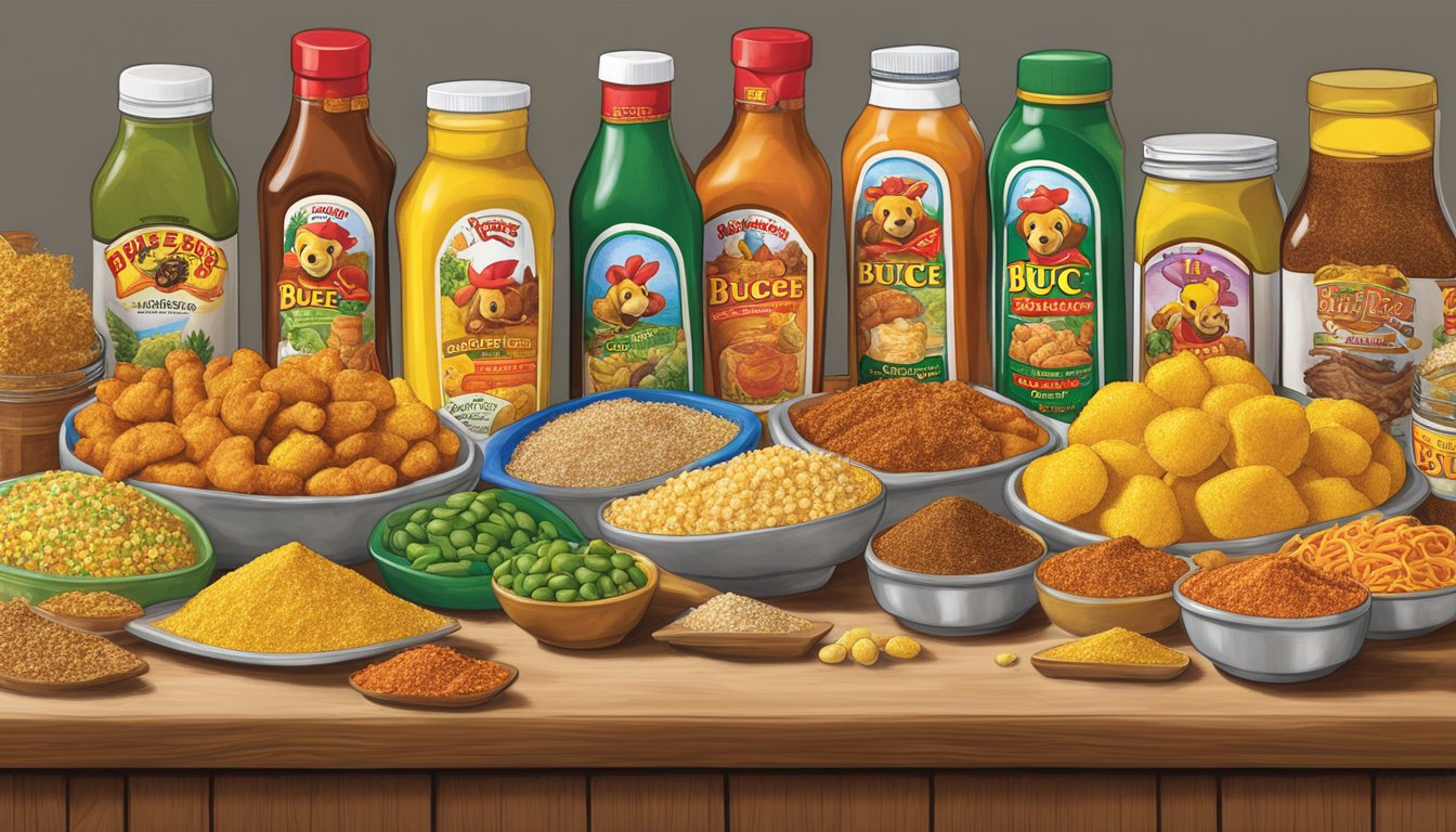 A table filled with Buc-ee's products, including chicken sizzle seasoning, arranged as gag gifts