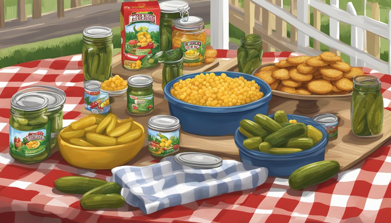 A colorful display of Buc-ee's Gourmet Pickles and other tailgate party items arranged on a table with a checkered tablecloth