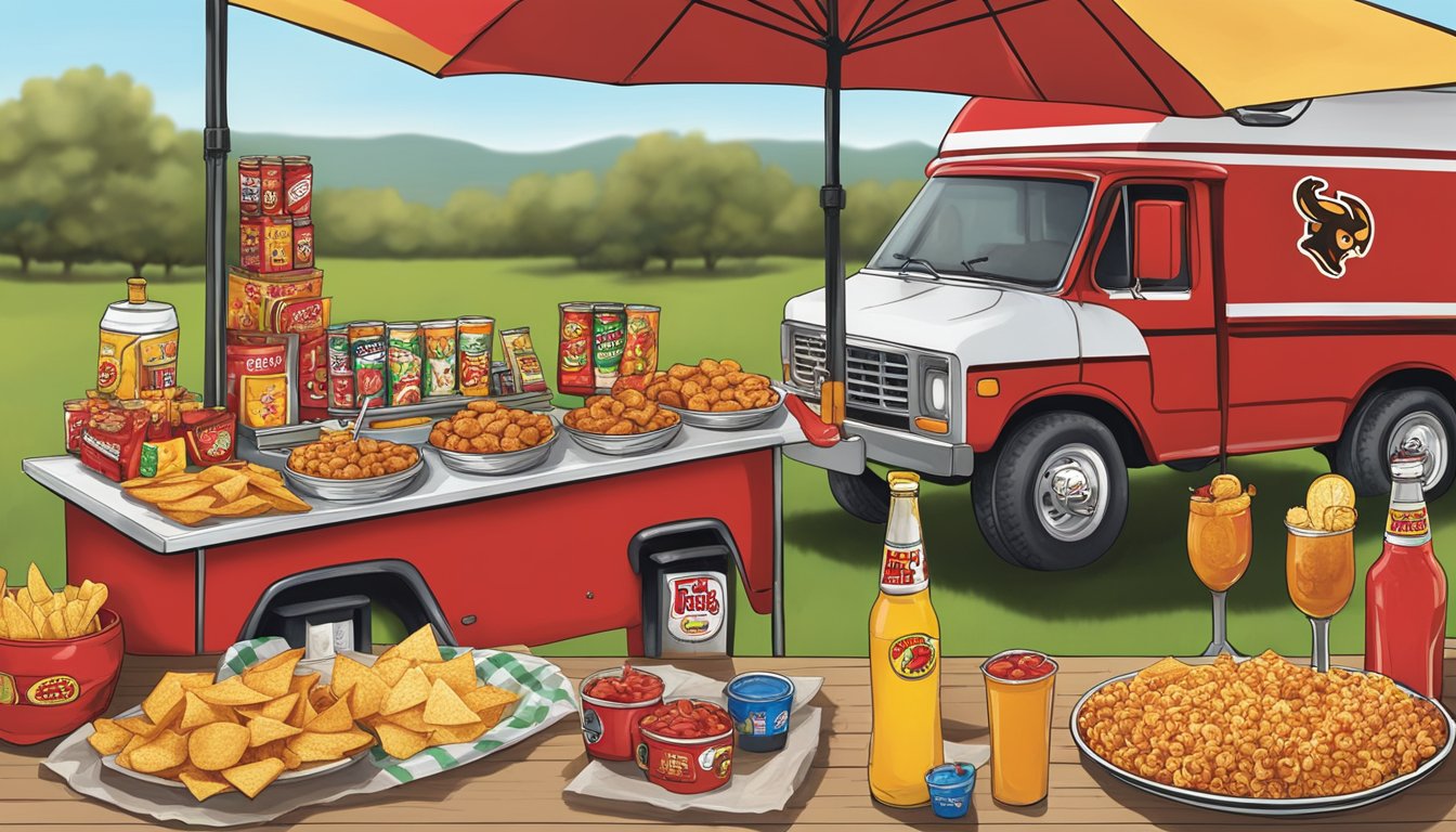 A colorful tailgate spread featuring Buc-ee's Texas Red Chili, snacks, and drinks, set up on a table with a festive backdrop