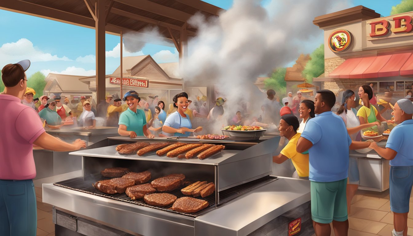 A bustling Buc-ee's BBQ pit with smoke billowing from the grill, surrounded by customers enjoying the aroma and sizzling sounds of the cooking meat