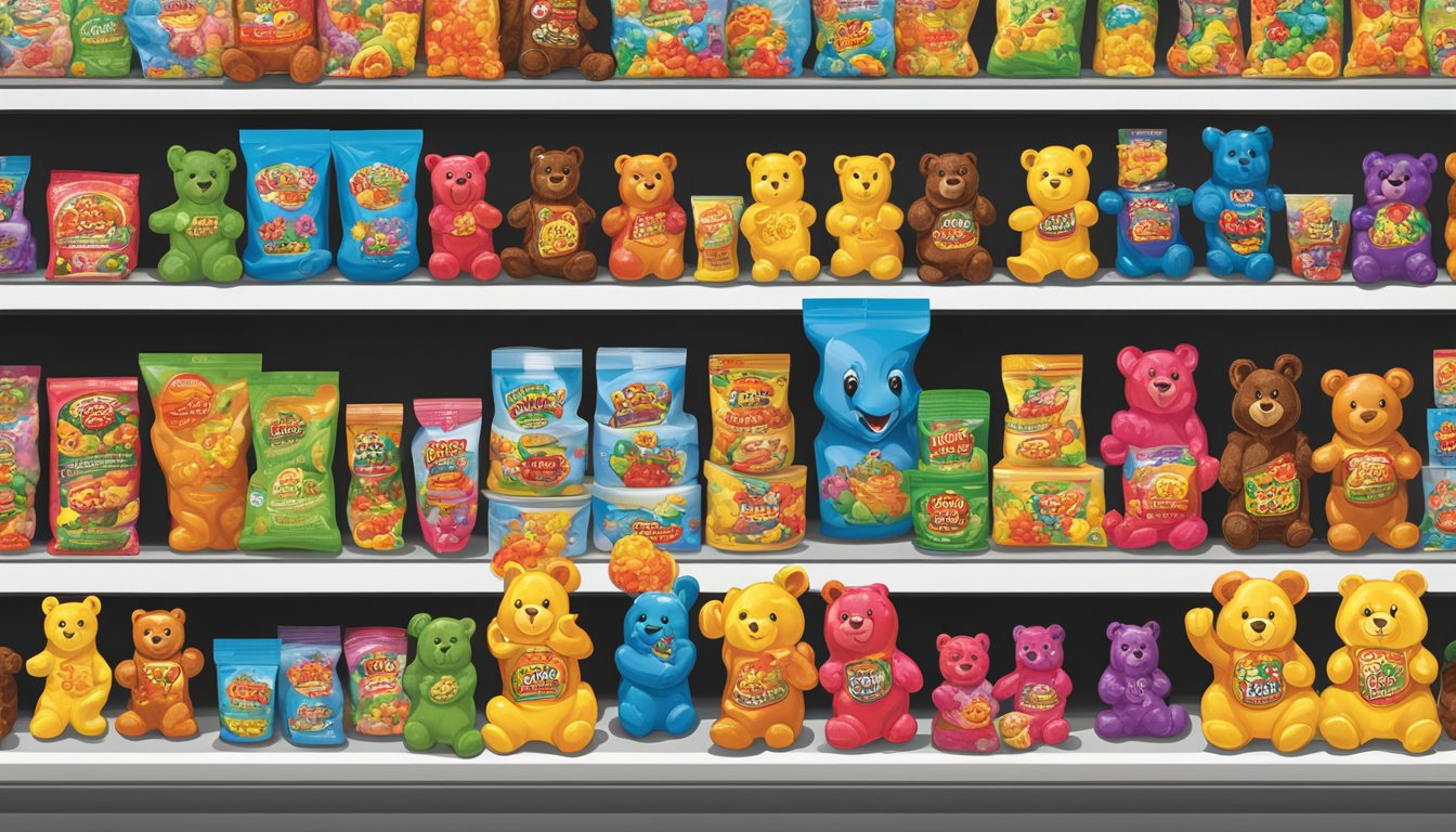 A display of Buc-ee's Gummi Bears and other novelty products arranged on a shelf, with colorful packaging and humorous designs