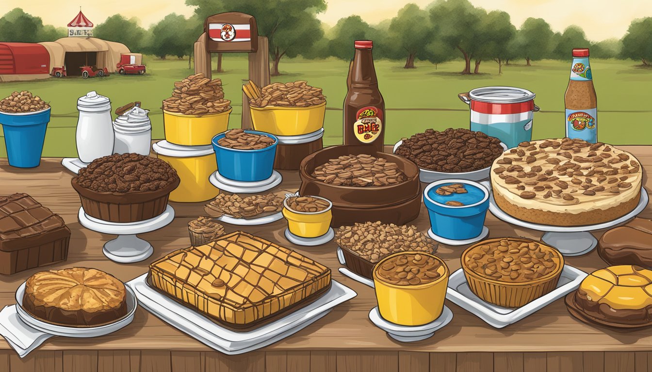 A table filled with an assortment of Buc-ee's items, including the Pecan Mud Pie, set up for a tailgate party