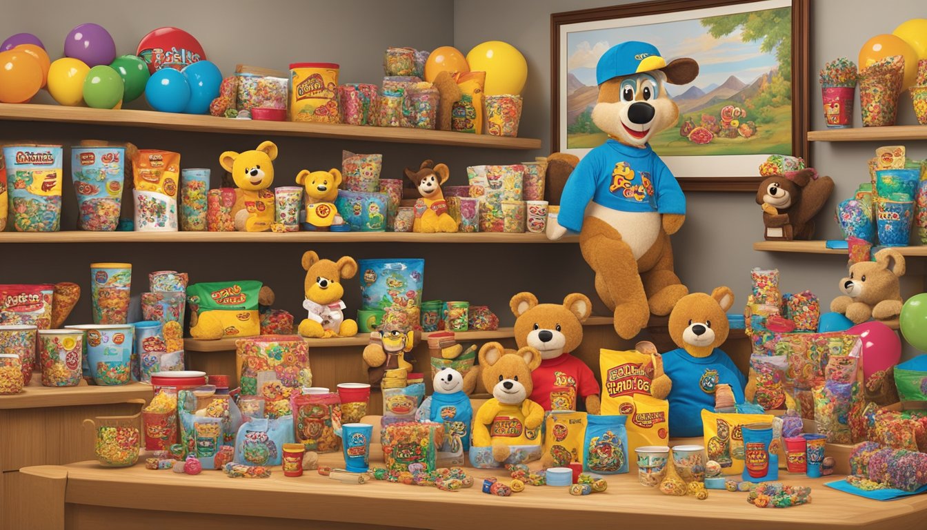 A table covered in Buc-ee's branded gag gifts, including plush toys, mugs, and novelty items, arranged in an eye-catching display