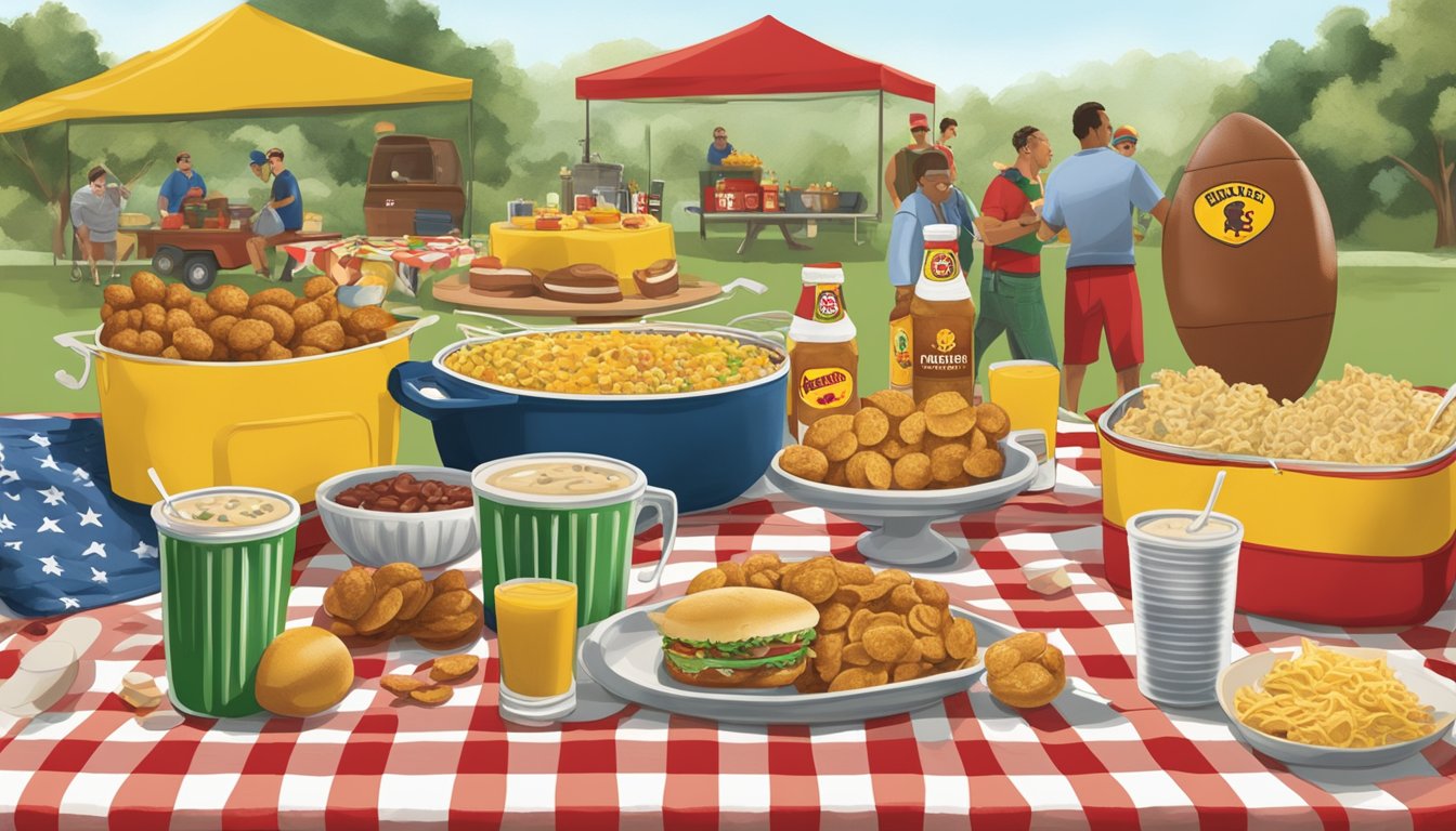 A festive tailgate spread featuring Buc-ee's Southern Mustard and 17 other items, arranged on a checkered tablecloth with a cooler and football in the background