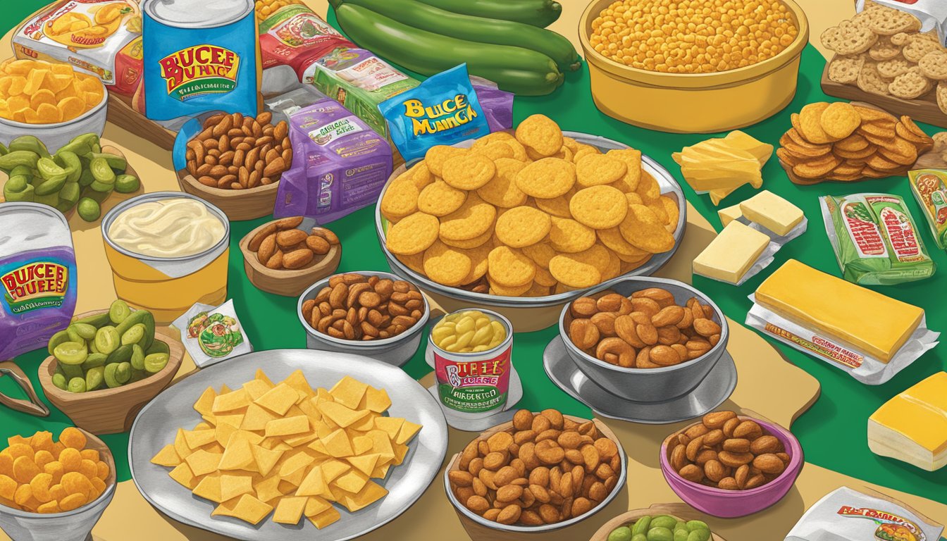 A table filled with various Buc-ee's products, including the Jalapeño Cheese Munch, arranged as gag gifts