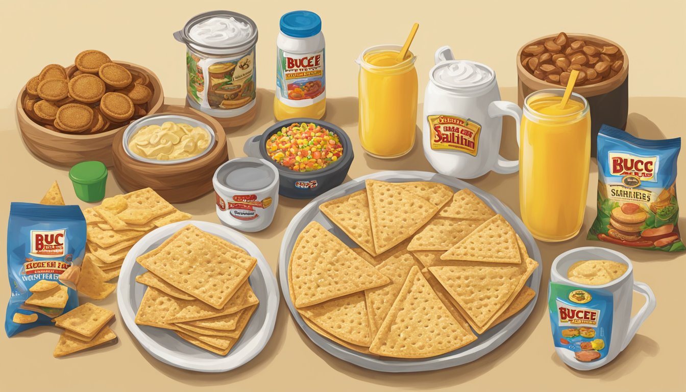 A table with various Buc-ee's products arranged for display, including Sizzlin' Saltines and other novelty items