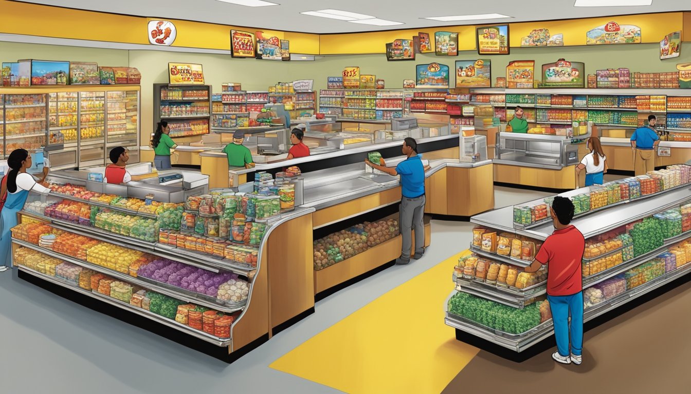 A bustling Buc-ee's store with happy employees serving customers at the counter and restocking shelves. A sense of teamwork and pride in their work is evident